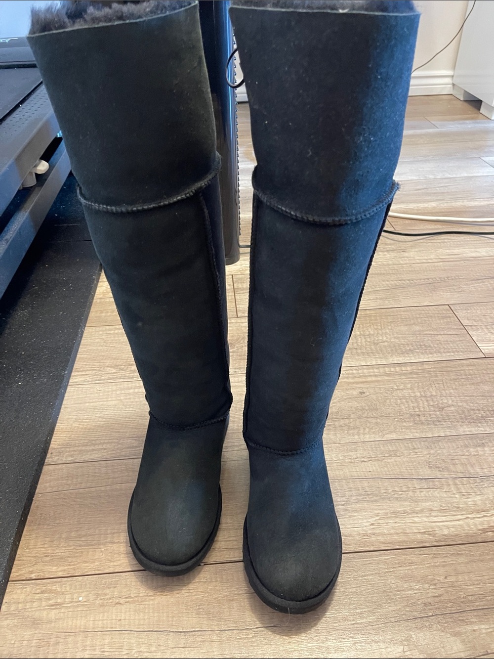 Women's UGG Tall Black Suede Winter Boots with Shearling Trim